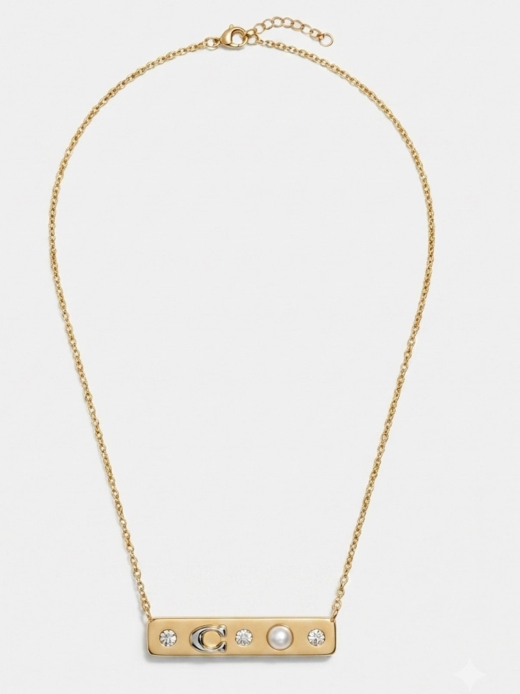 Gold & Silver Tone Bar Necklace With Pearls And Crystals & Letter C